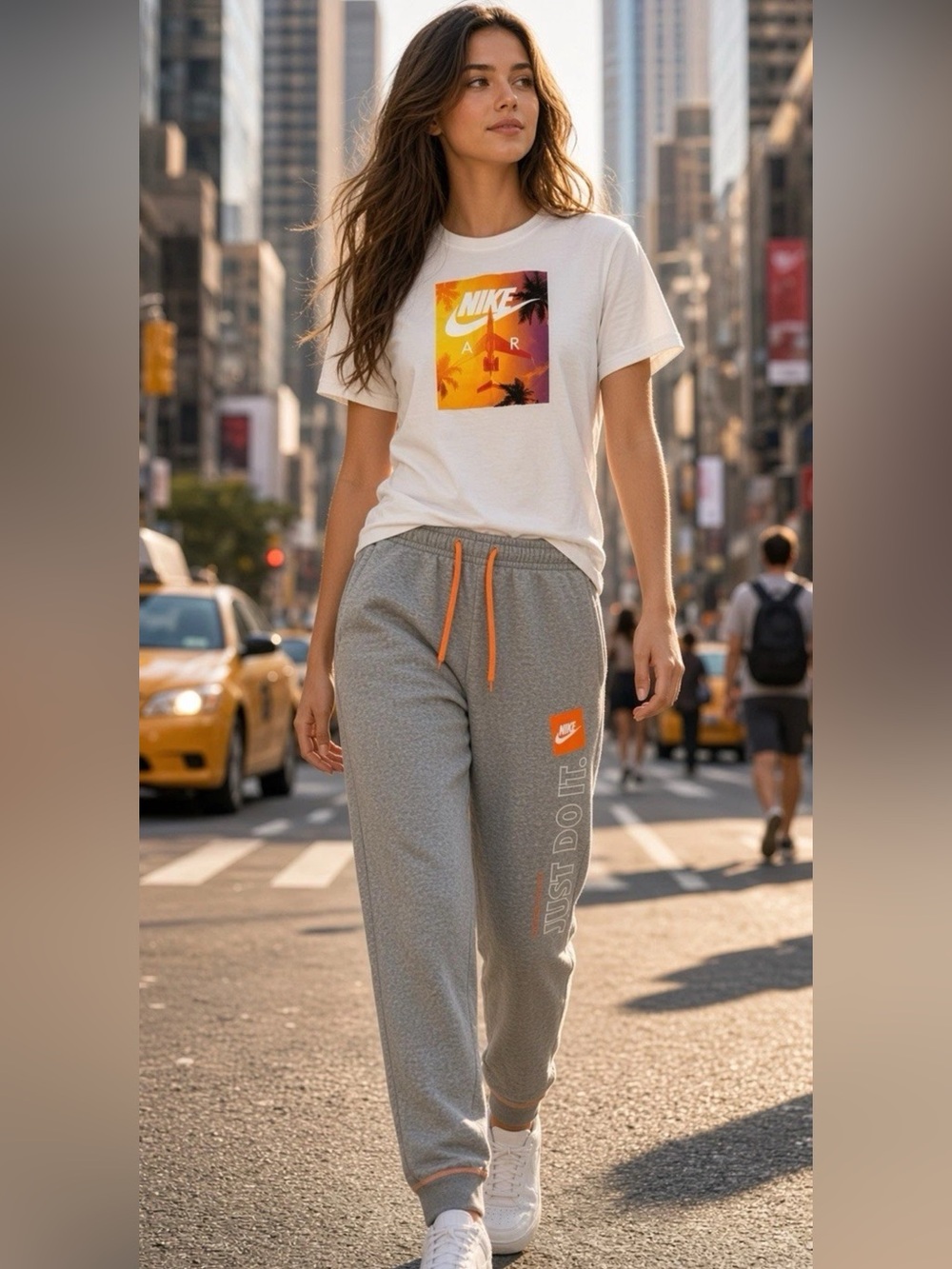 Nike 2 PC Set Just Do It Fleece Joggers S/S White Air Tee Fits Womans SZ.M